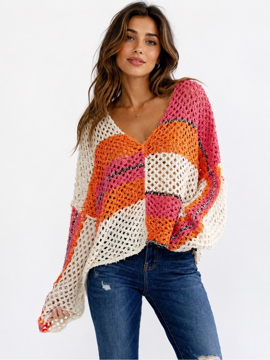 Sweaters - S12. Open Knit V-Neck Sweater in Cream, Orange & Pink
